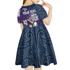Personalised Melbourne Storm Kid Short Sleeve Dress Polynesian Tribal Pattern With Rugby Storm Man Mascot Art