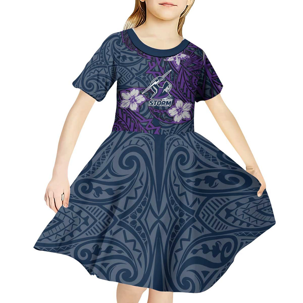 Personalised Melbourne Storm Kid Short Sleeve Dress Polynesian Tribal Pattern With Rugby Storm Man Mascot Art