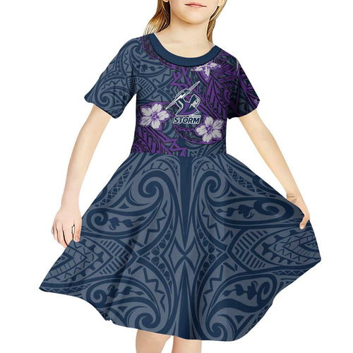 Personalised Melbourne Storm Kid Short Sleeve Dress Polynesian Tribal Pattern With Rugby Storm Man Mascot Art