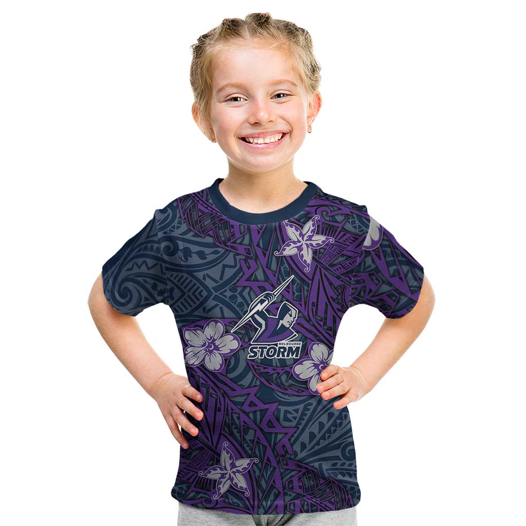 Personalised Melbourne Storm Kid T Shirt Polynesian Tribal Pattern With Rugby Storm Man Mascot Art