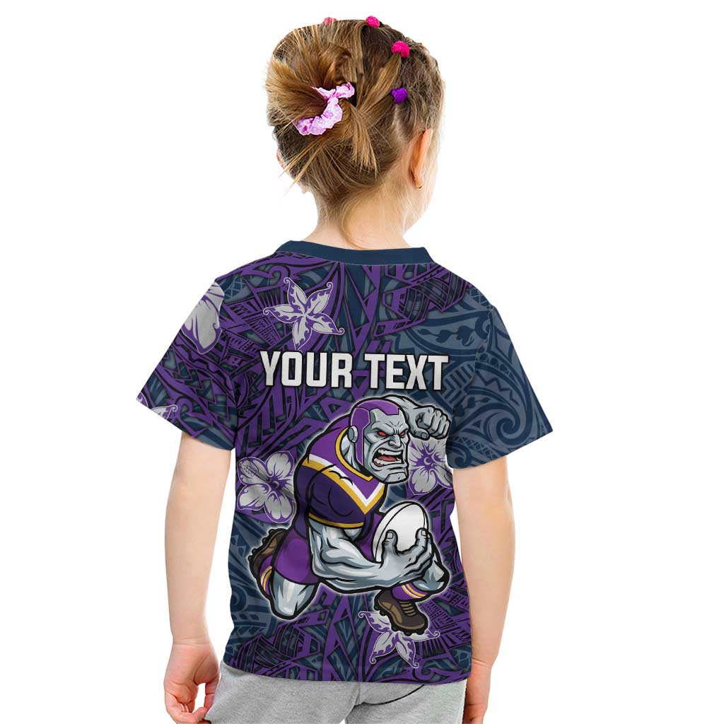 Personalised Melbourne Storm Kid T Shirt Polynesian Tribal Pattern With Rugby Storm Man Mascot Art