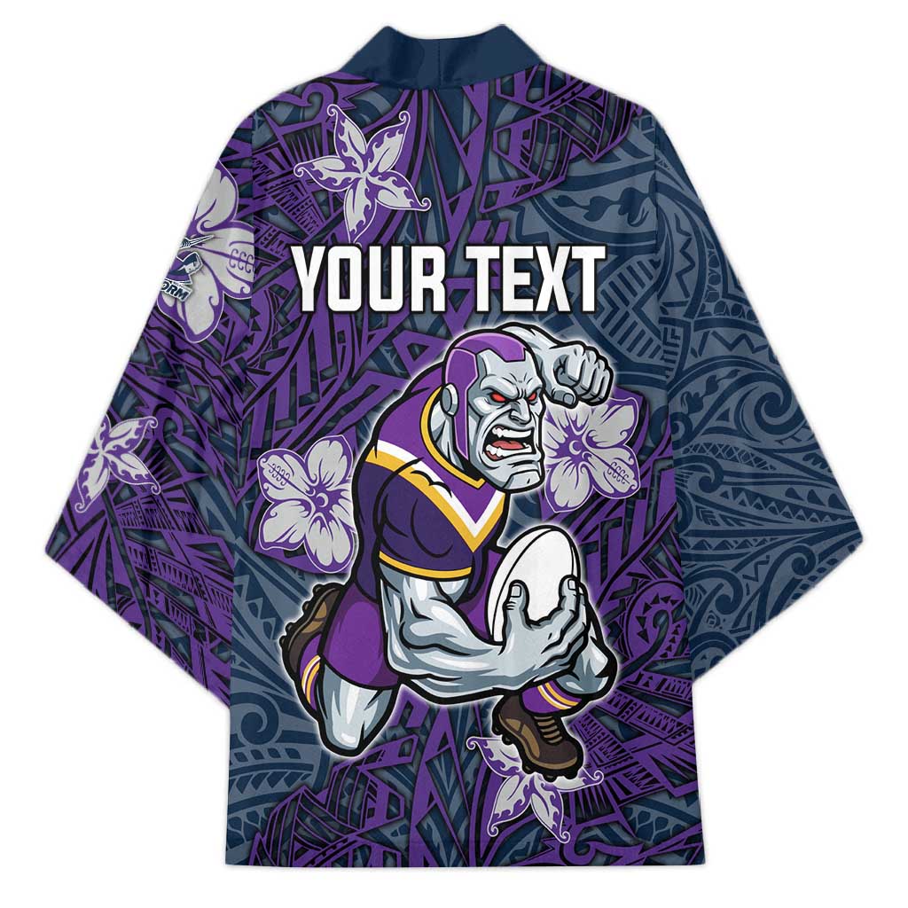 Personalised Melbourne Storm Kimono Polynesian Tribal Pattern With Rugby Storm Man Mascot Art
