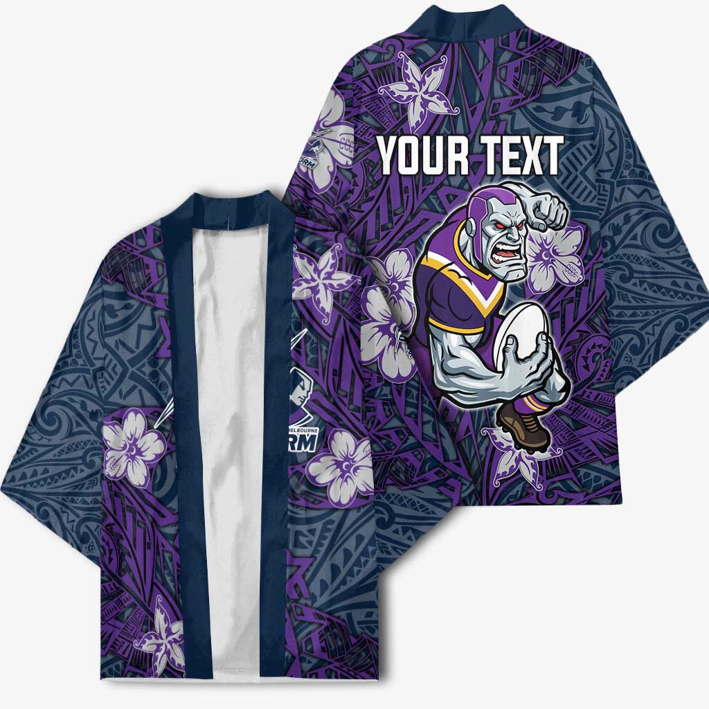 Personalised Melbourne Storm Kimono Polynesian Tribal Pattern With Rugby Storm Man Mascot Art