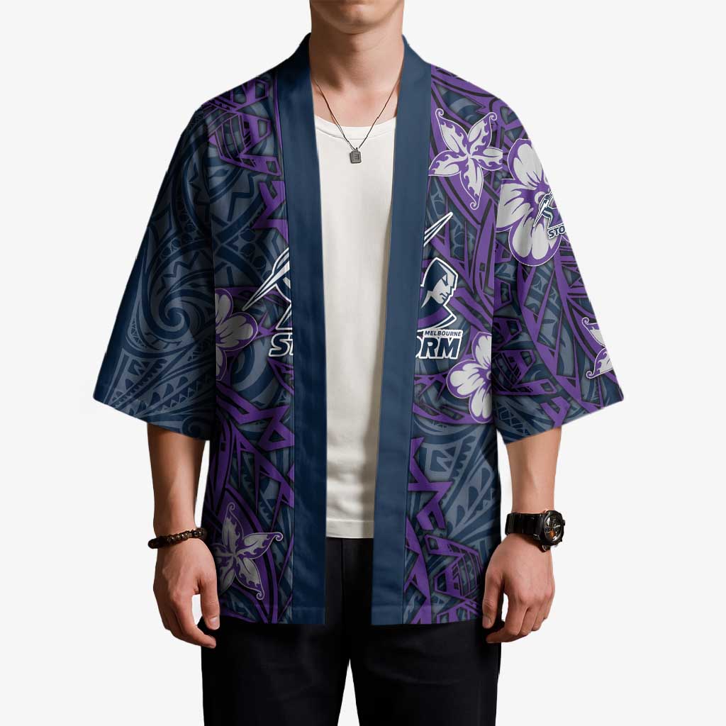 Personalised Melbourne Storm Kimono Polynesian Tribal Pattern With Rugby Storm Man Mascot Art