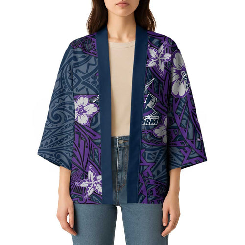 Personalised Melbourne Storm Kimono Polynesian Tribal Pattern With Rugby Storm Man Mascot Art