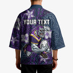Personalised Melbourne Storm Kimono Polynesian Tribal Pattern With Rugby Storm Man Mascot Art