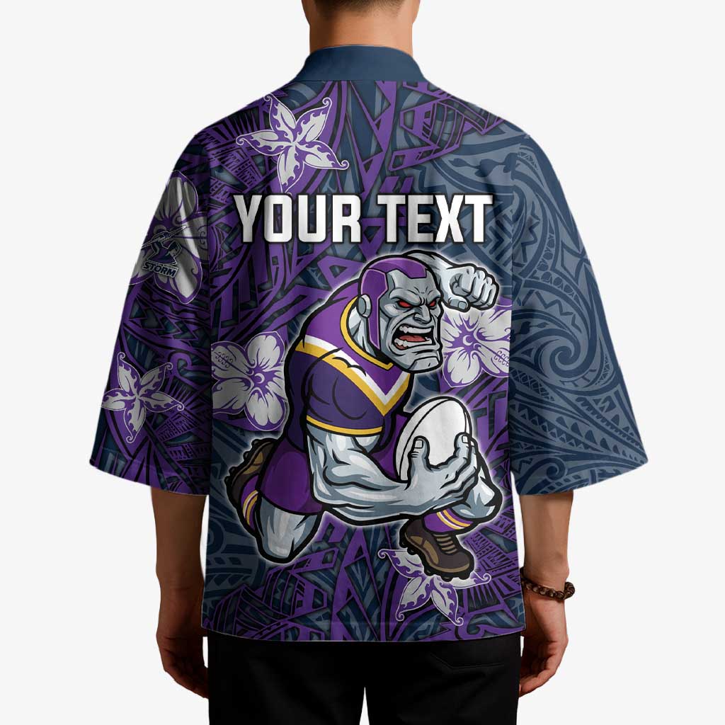 Personalised Melbourne Storm Kimono Polynesian Tribal Pattern With Rugby Storm Man Mascot Art