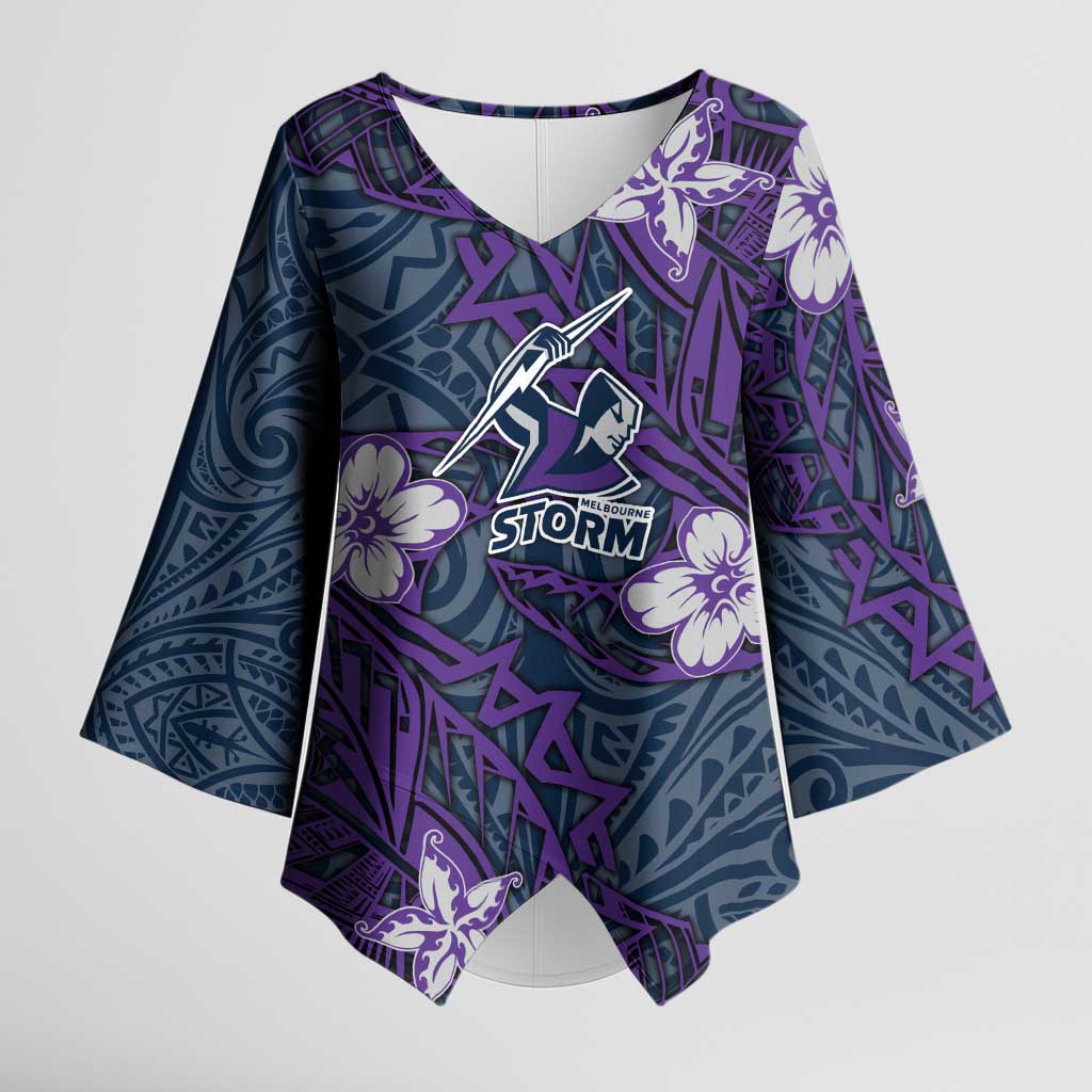 Personalised Melbourne Storm Kimono Sleeve Blouse Polynesian Tribal Pattern With Rugby Storm Man Mascot Art