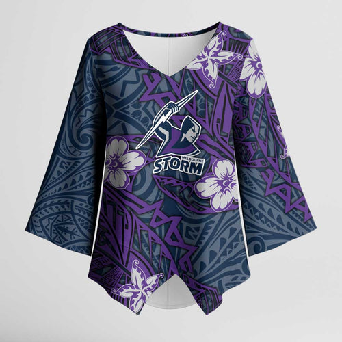 Personalised Melbourne Storm Kimono Sleeve Blouse Polynesian Tribal Pattern With Rugby Storm Man Mascot Art