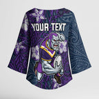 Personalised Melbourne Storm Kimono Sleeve Blouse Polynesian Tribal Pattern With Rugby Storm Man Mascot Art