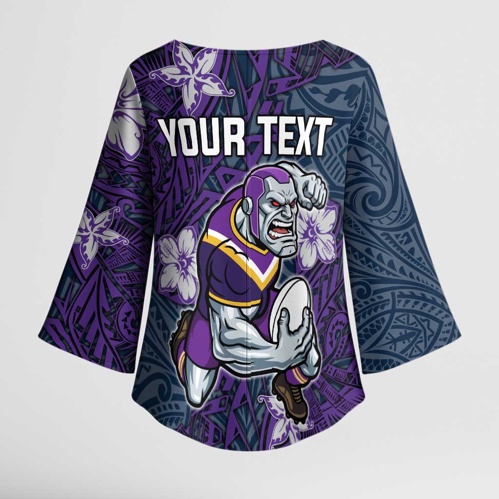 Personalised Melbourne Storm Kimono Sleeve Blouse Polynesian Tribal Pattern With Rugby Storm Man Mascot Art