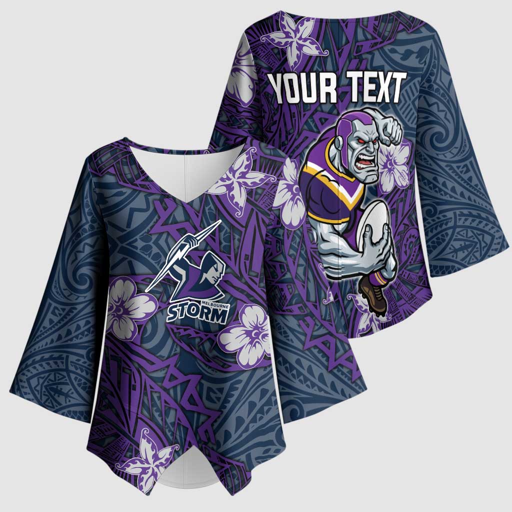 Personalised Melbourne Storm Kimono Sleeve Blouse Polynesian Tribal Pattern With Rugby Storm Man Mascot Art