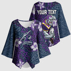 Personalised Melbourne Storm Kimono Sleeve Blouse Polynesian Tribal Pattern With Rugby Storm Man Mascot Art