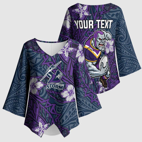 Personalised Melbourne Storm Kimono Sleeve Blouse Polynesian Tribal Pattern With Rugby Storm Man Mascot Art