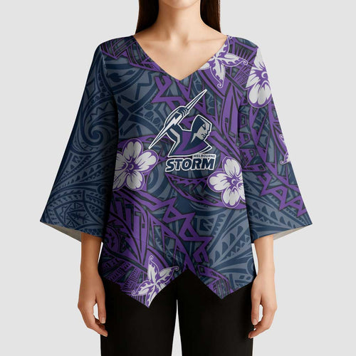 Personalised Melbourne Storm Kimono Sleeve Blouse Polynesian Tribal Pattern With Rugby Storm Man Mascot Art
