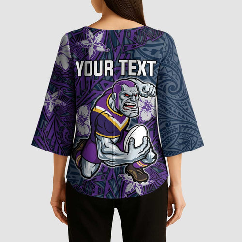 Personalised Melbourne Storm Kimono Sleeve Blouse Polynesian Tribal Pattern With Rugby Storm Man Mascot Art