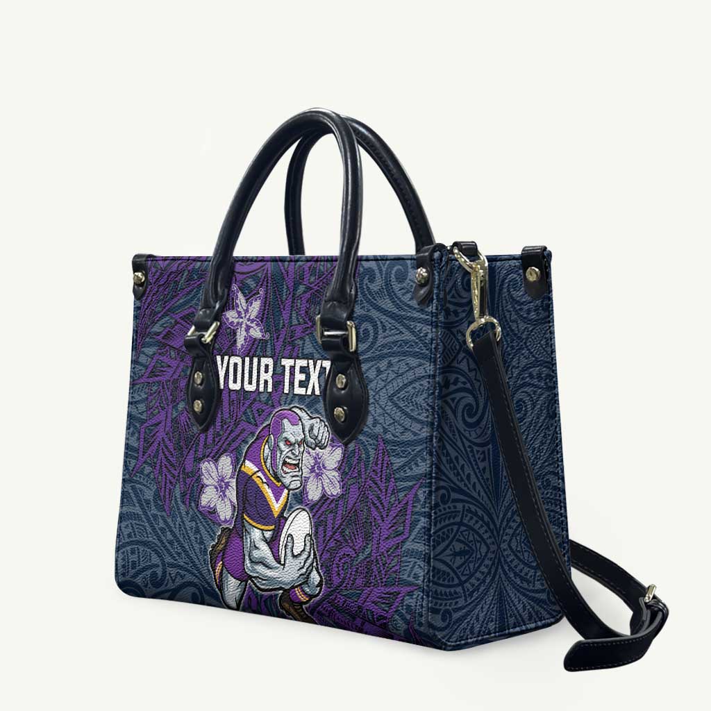 Personalised Melbourne Storm Leather Bag Polynesian Tribal Pattern With Rugby Storm Man Mascot Art