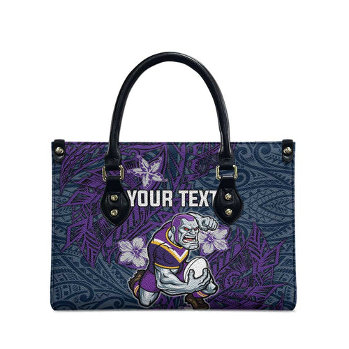 Personalised Melbourne Storm Leather Bag Polynesian Tribal Pattern With Rugby Storm Man Mascot Art