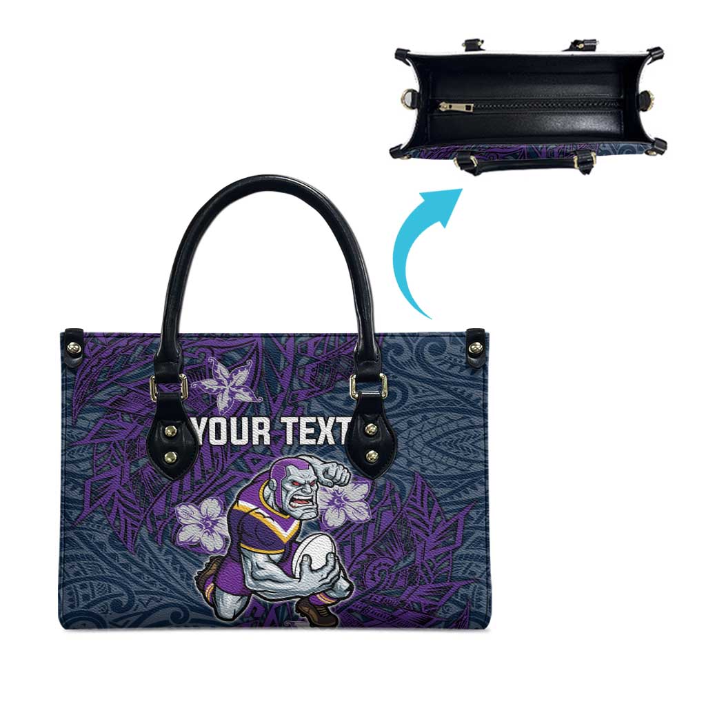 Personalised Melbourne Storm Leather Bag Polynesian Tribal Pattern With Rugby Storm Man Mascot Art