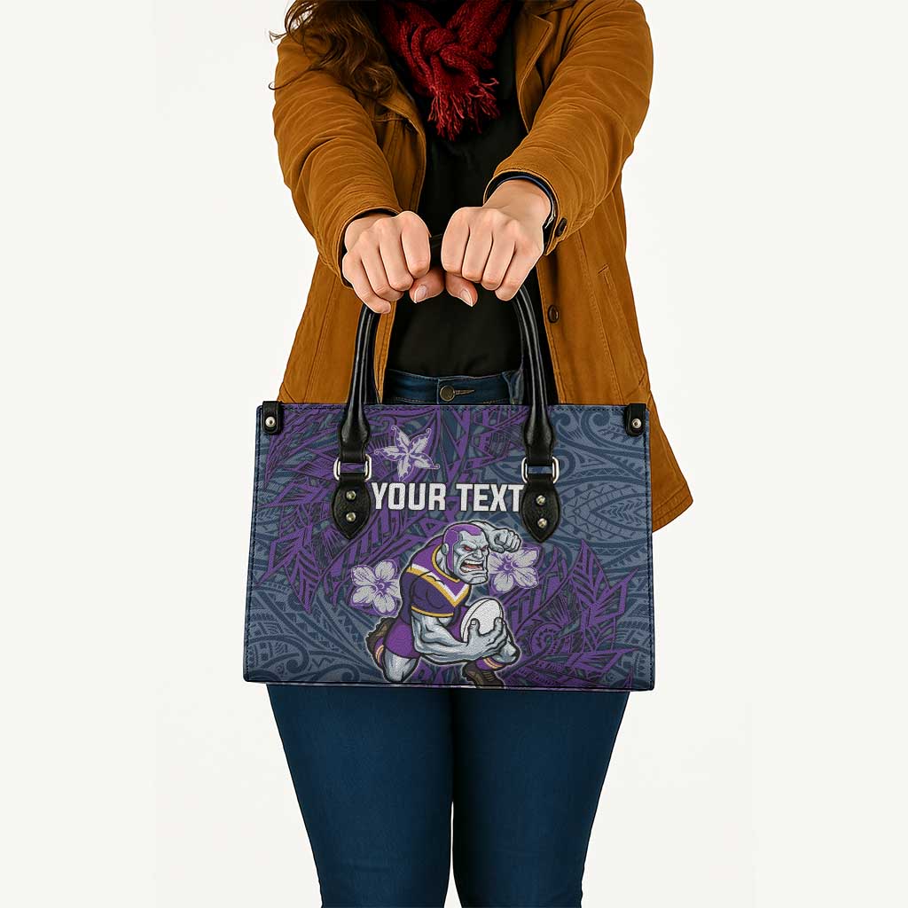 Personalised Melbourne Storm Leather Bag Polynesian Tribal Pattern With Rugby Storm Man Mascot Art