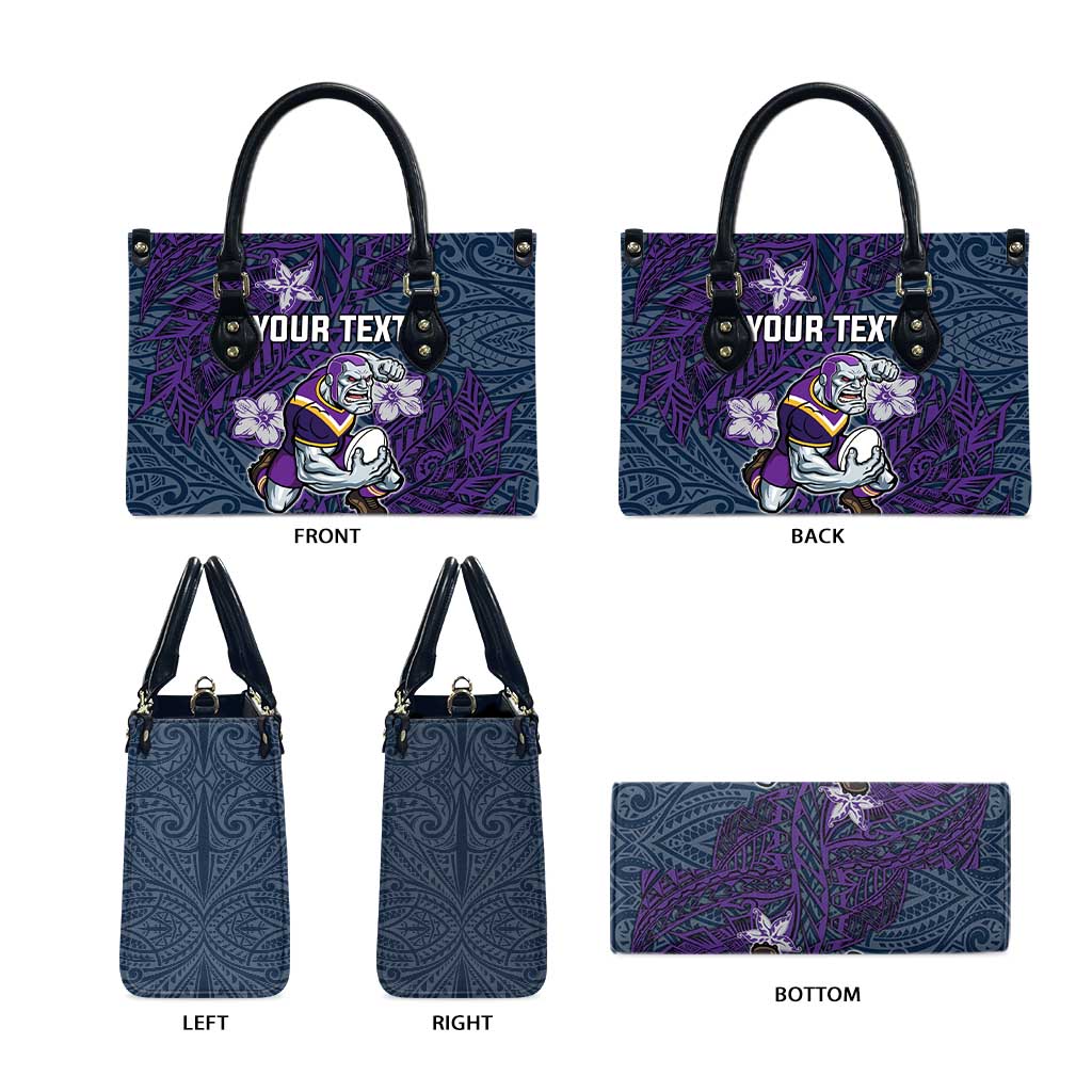 Personalised Melbourne Storm Leather Bag Polynesian Tribal Pattern With Rugby Storm Man Mascot Art