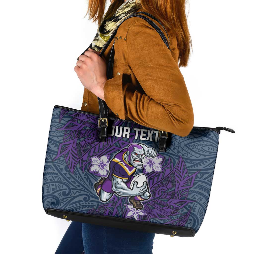 Personalised Melbourne Storm Leather Tote Bag Polynesian Tribal Pattern With Rugby Storm Man Mascot Art