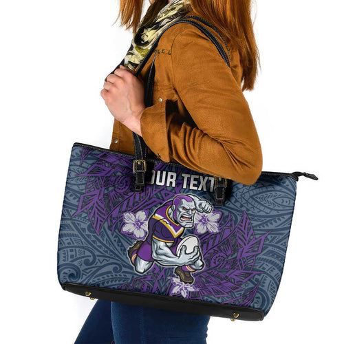 Personalised Melbourne Storm Leather Tote Bag Polynesian Tribal Pattern With Rugby Storm Man Mascot Art