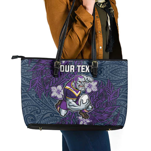 Personalised Melbourne Storm Leather Tote Bag Polynesian Tribal Pattern With Rugby Storm Man Mascot Art