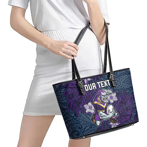 Personalised Melbourne Storm Leather Tote Bag Polynesian Tribal Pattern With Rugby Storm Man Mascot Art
