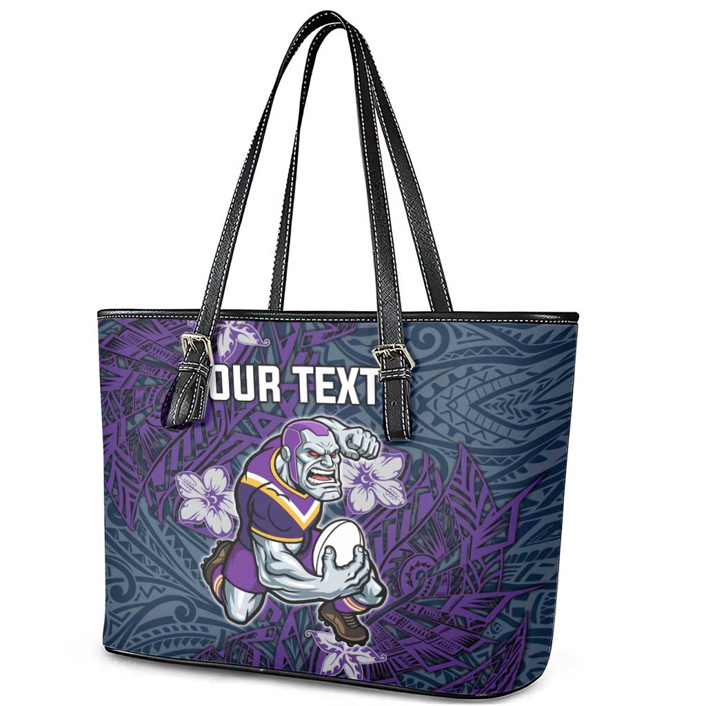 Personalised Melbourne Storm Leather Tote Bag Polynesian Tribal Pattern With Rugby Storm Man Mascot Art