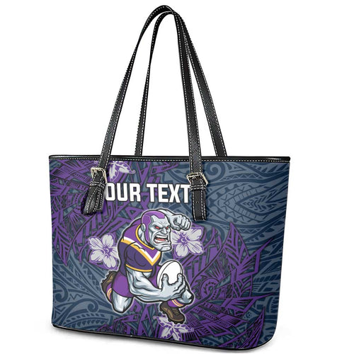 Personalised Melbourne Storm Leather Tote Bag Polynesian Tribal Pattern With Rugby Storm Man Mascot Art
