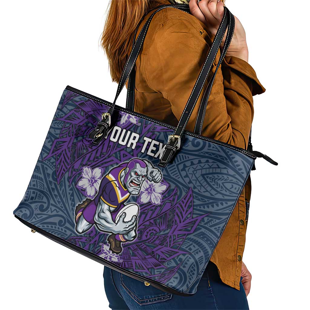 Personalised Melbourne Storm Leather Tote Bag Polynesian Tribal Pattern With Rugby Storm Man Mascot Art