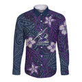 Personalised Melbourne Storm Long Sleeve Button Shirt Polynesian Tribal Pattern With Rugby Storm Man Mascot Art