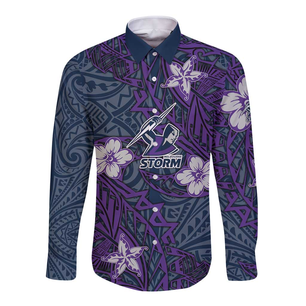 Personalised Melbourne Storm Long Sleeve Button Shirt Polynesian Tribal Pattern With Rugby Storm Man Mascot Art