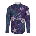 Personalised Melbourne Storm Long Sleeve Button Shirt Polynesian Tribal Pattern With Rugby Storm Man Mascot Art