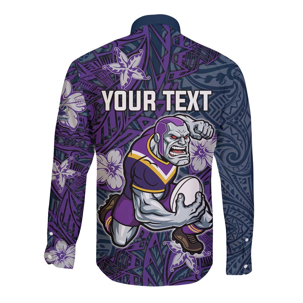 Personalised Melbourne Storm Long Sleeve Button Shirt Polynesian Tribal Pattern With Rugby Storm Man Mascot Art