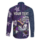 Personalised Melbourne Storm Long Sleeve Button Shirt Polynesian Tribal Pattern With Rugby Storm Man Mascot Art
