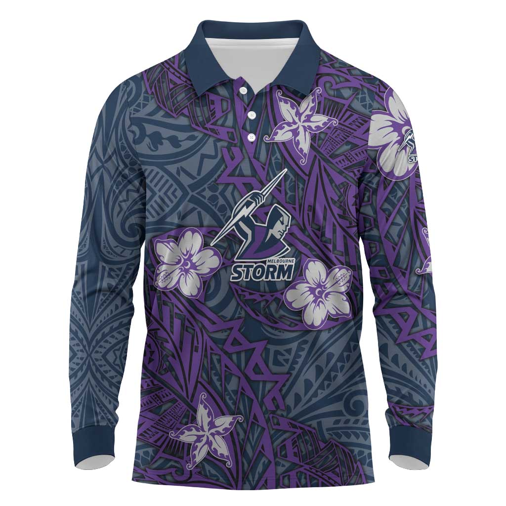 Personalised Melbourne Storm Long Sleeve Polo Shirt Polynesian Tribal Pattern With Rugby Storm Man Mascot Art