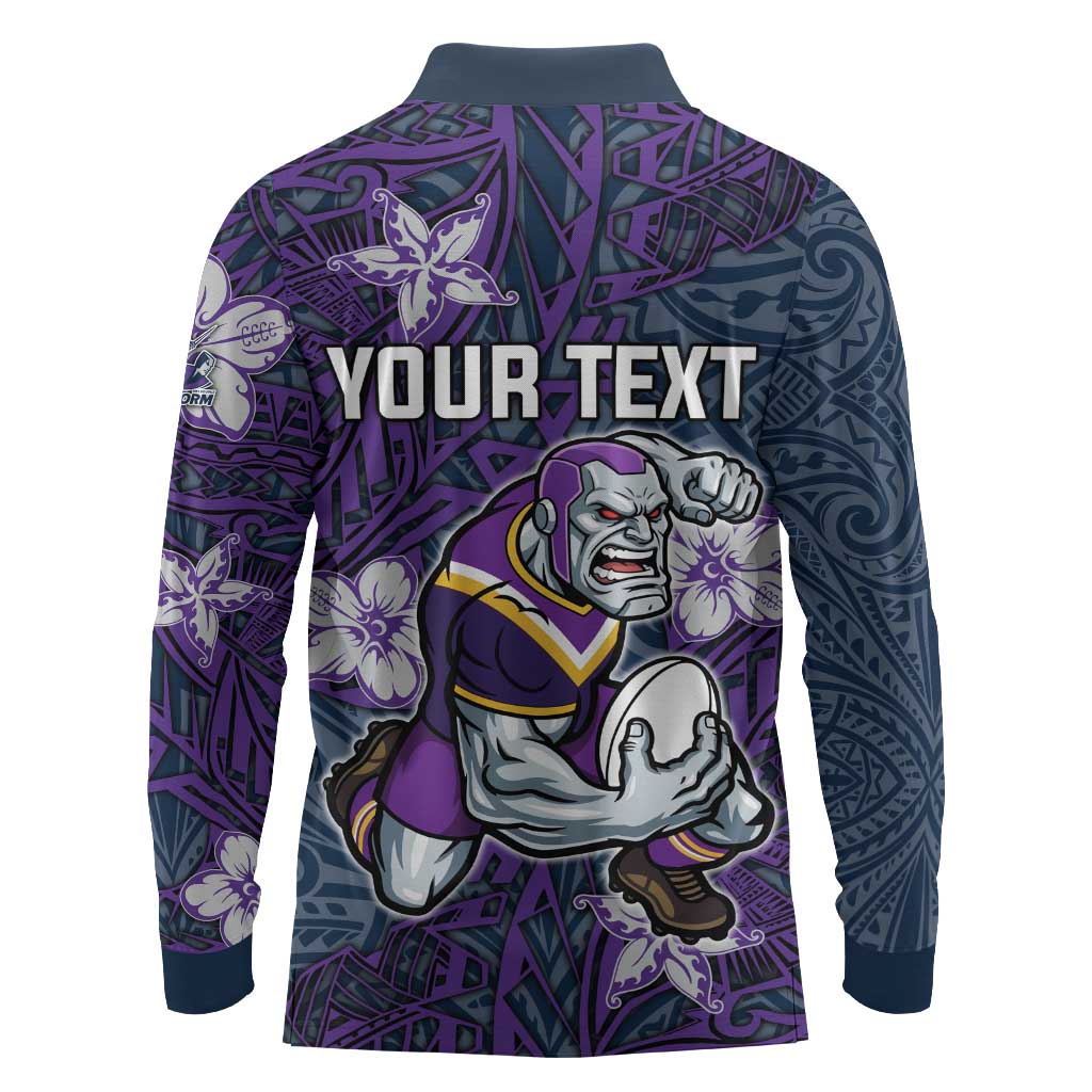 Personalised Melbourne Storm Long Sleeve Polo Shirt Polynesian Tribal Pattern With Rugby Storm Man Mascot Art