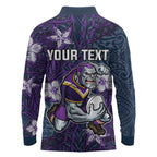 Personalised Melbourne Storm Long Sleeve Polo Shirt Polynesian Tribal Pattern With Rugby Storm Man Mascot Art
