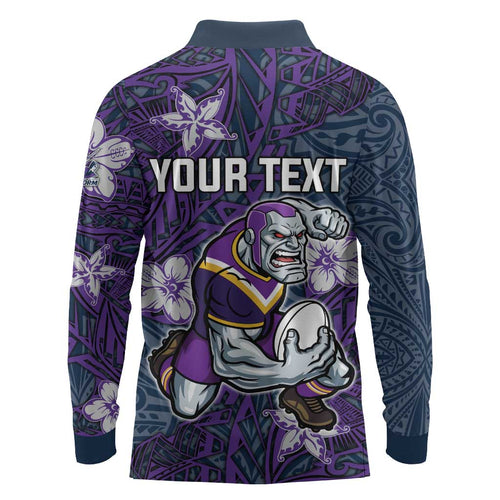 Personalised Melbourne Storm Long Sleeve Polo Shirt Polynesian Tribal Pattern With Rugby Storm Man Mascot Art