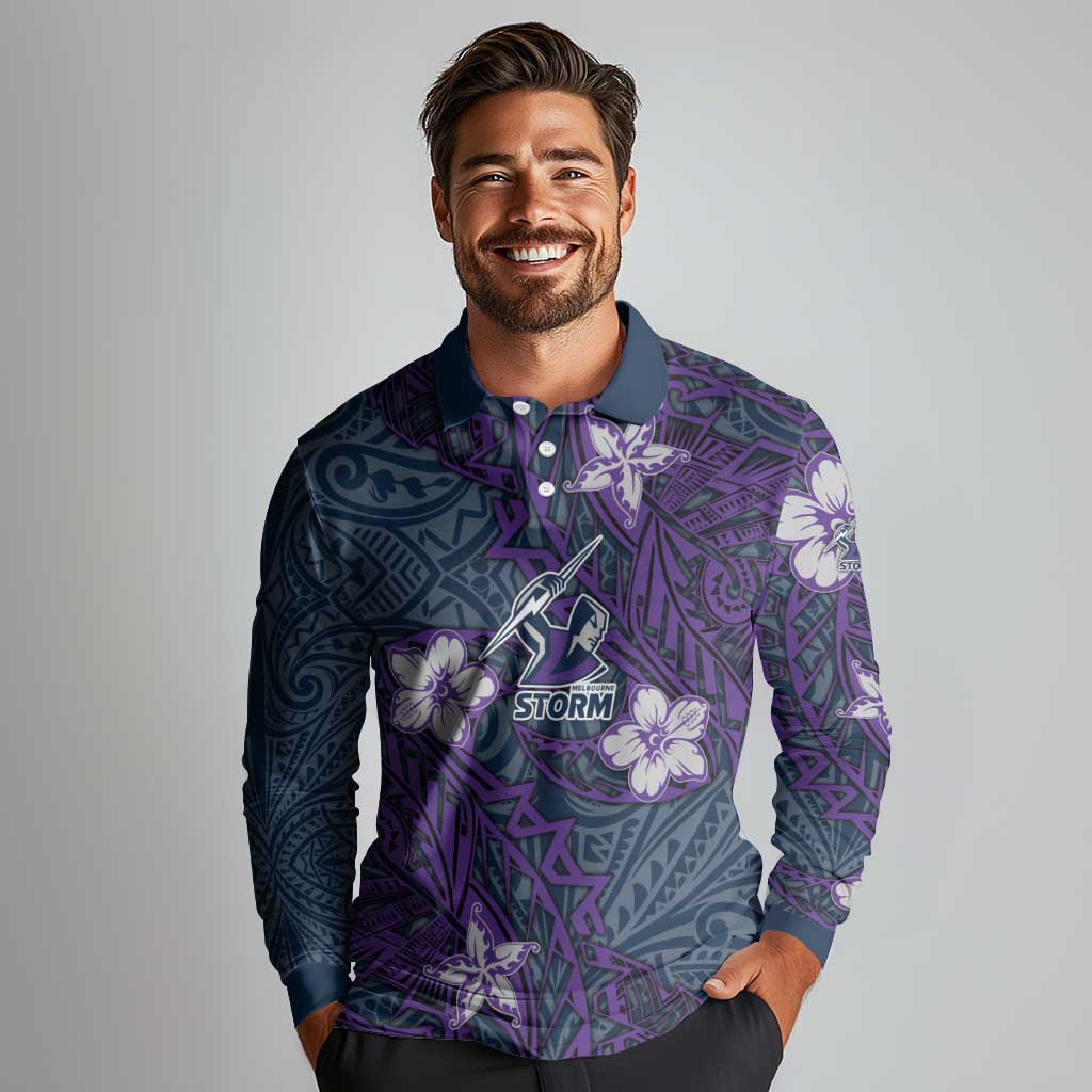Personalised Melbourne Storm Long Sleeve Polo Shirt Polynesian Tribal Pattern With Rugby Storm Man Mascot Art