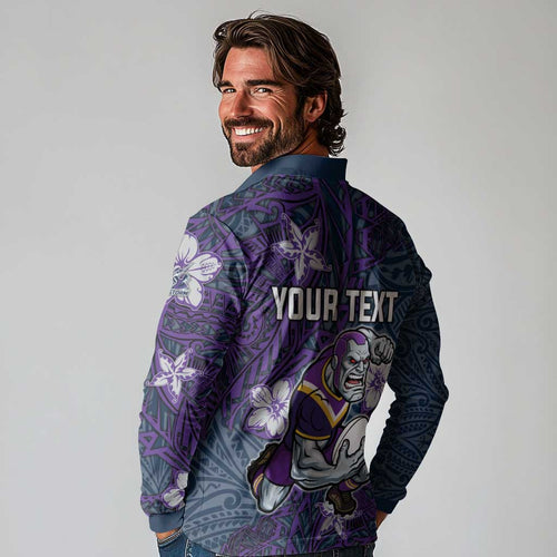 Personalised Melbourne Storm Long Sleeve Polo Shirt Polynesian Tribal Pattern With Rugby Storm Man Mascot Art