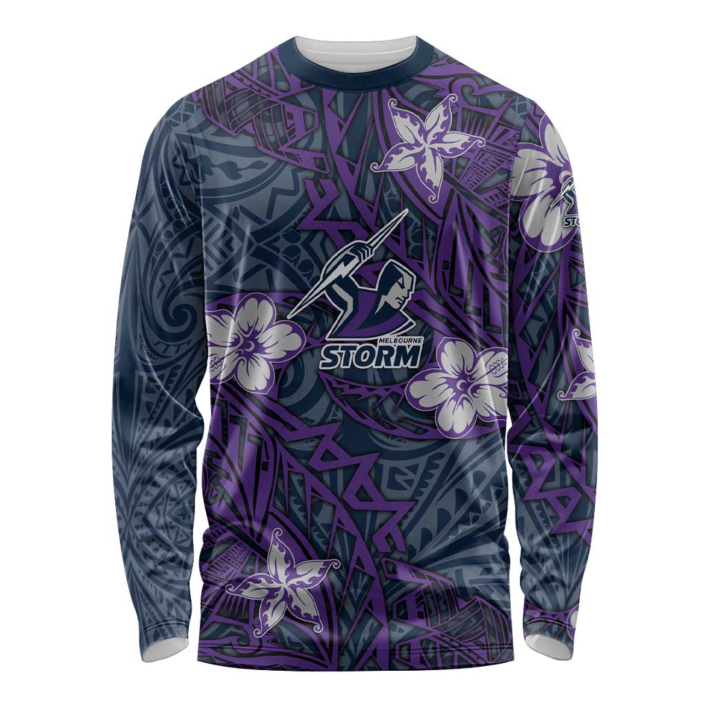 Personalised Melbourne Storm Long Sleeve Shirt Polynesian Tribal Pattern With Rugby Storm Man Mascot Art