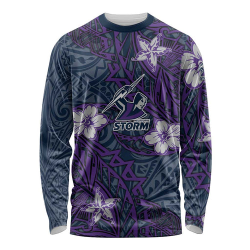 Personalised Melbourne Storm Long Sleeve Shirt Polynesian Tribal Pattern With Rugby Storm Man Mascot Art