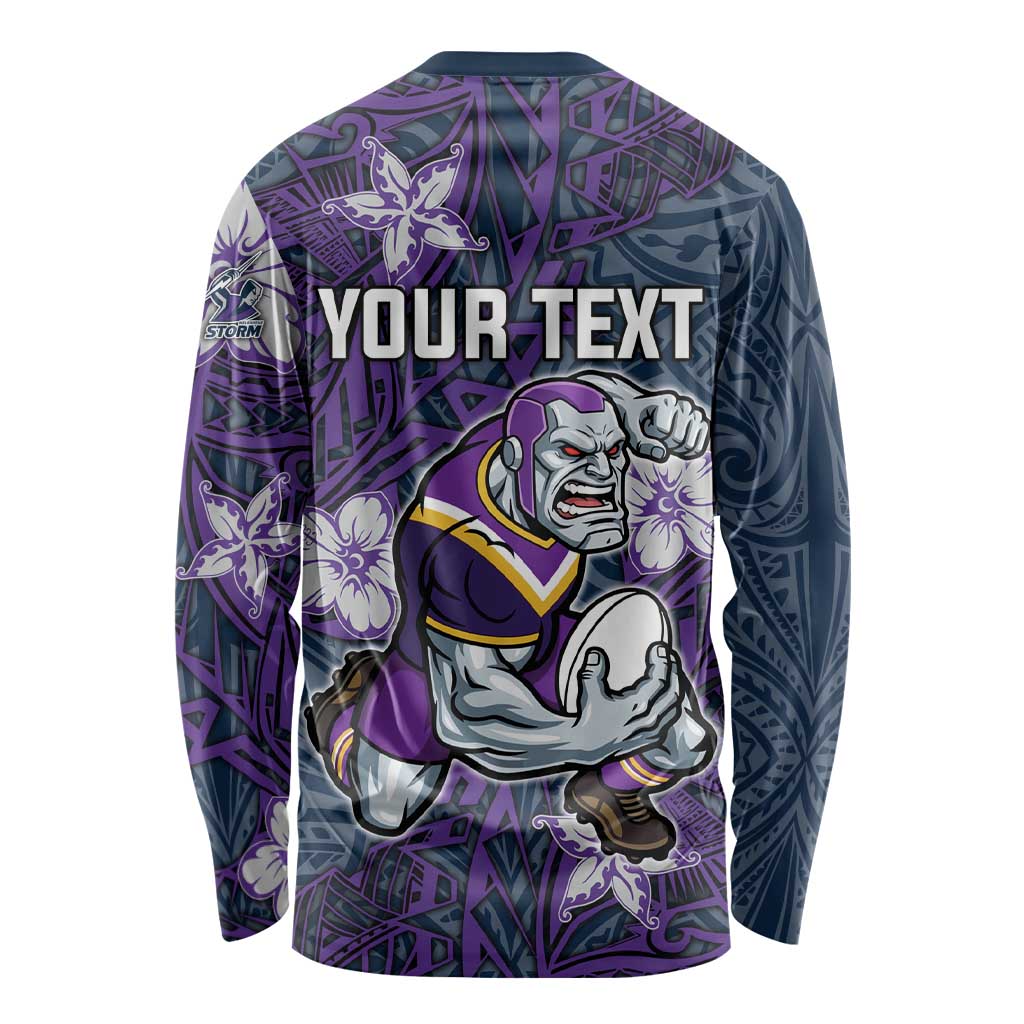 Personalised Melbourne Storm Long Sleeve Shirt Polynesian Tribal Pattern With Rugby Storm Man Mascot Art