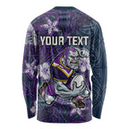 Personalised Melbourne Storm Long Sleeve Shirt Polynesian Tribal Pattern With Rugby Storm Man Mascot Art