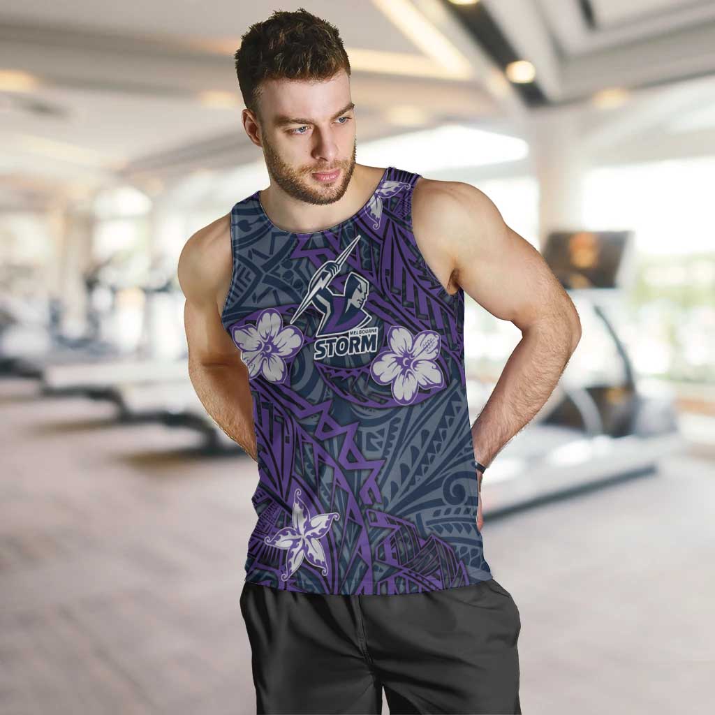 Personalised Melbourne Storm Men Tank Top Polynesian Tribal Pattern With Rugby Storm Man Mascot Art