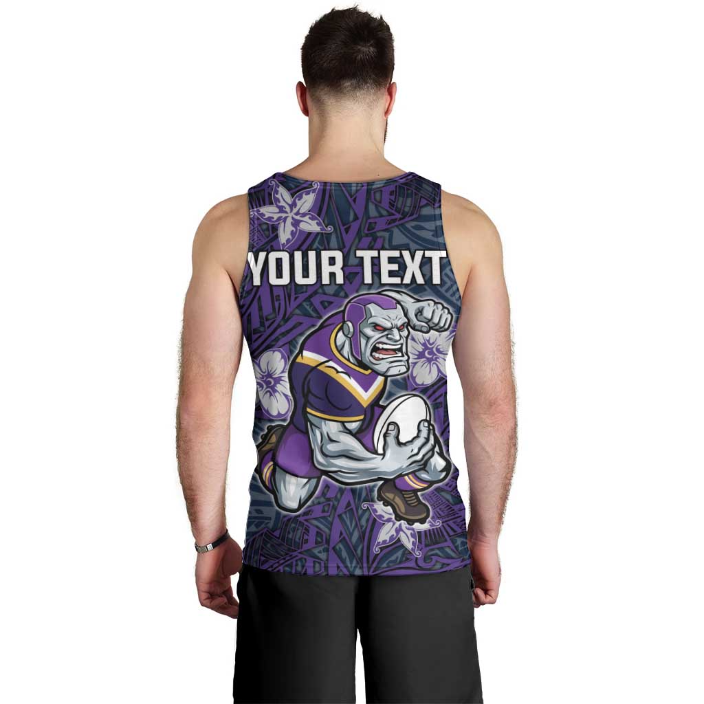 Personalised Melbourne Storm Men Tank Top Polynesian Tribal Pattern With Rugby Storm Man Mascot Art