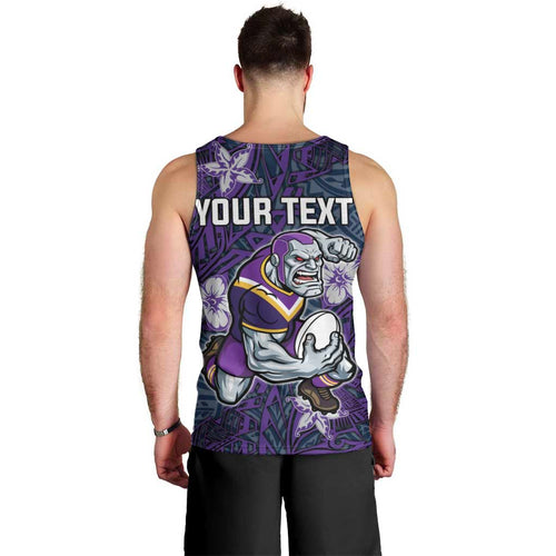 Personalised Melbourne Storm Men Tank Top Polynesian Tribal Pattern With Rugby Storm Man Mascot Art